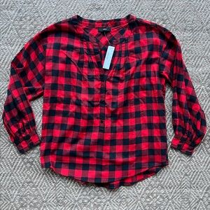 NWT J. Crew‎ Red Black Buffalo Plaid Cotton Popover Tunic Blouse XS Cabincore